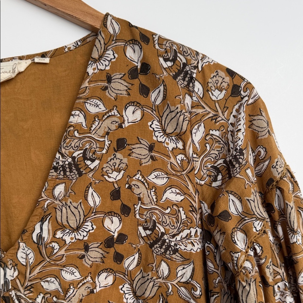Anthropologie Floral Tiered Cottagecore Boho Dress Petite 6P Mustard Botanical - Picture 14 of 16